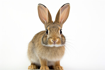Cottontail Rabbit sitting on a white background. Animal front portrait.