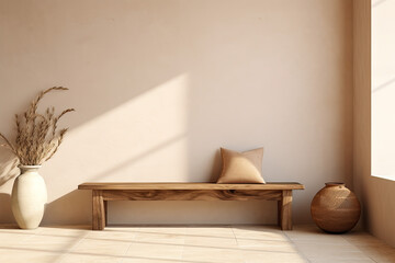 Japandi interior design of modern entrance hall.
Wood bench against beige wall with copy space