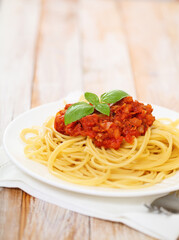 Spaghetti Bolognese on white plate