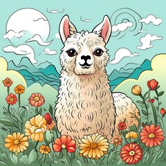 Children's multicolored illustration of a llama