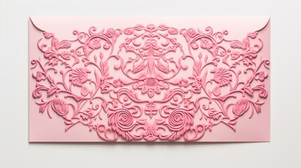 A pink invitation card with intricate details captured in high definition, positioned on a flawlessly white background for a chic and festive visual appeal.