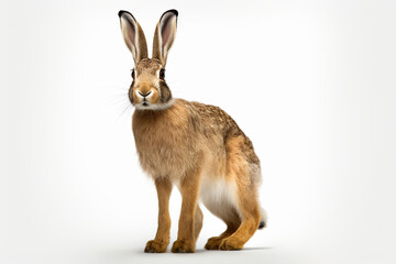 Obraz premium European Hare standing on a white background. Animal side portrait.