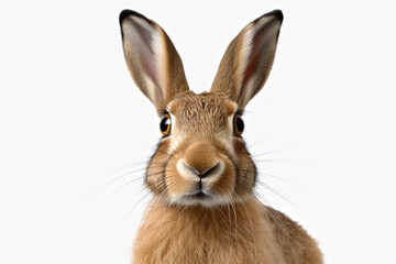 Fototapeta premium European Hare close-up portrait on a white background.