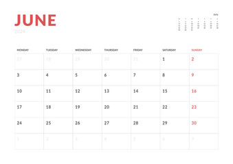 Monthly page Calendar Planner Templates of June 2024. Vector layout of simple calendar with week start Monday for print. Page for size A4 or 21x29.7 cm