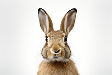 European Hare close-up portrait on a white background.