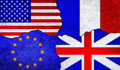 Flags of United States of America, United Kingdom, European Union and France on wall with crack. Diplomatic relations between USA UK France EU