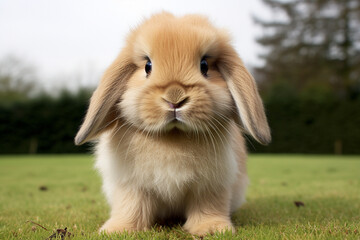 Fototapeta premium Holland Lop Rabbit sitting in a natural environment, front portrait.