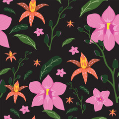 Vector seamless floral pattern with orchid flowers. Hand-drawn surface    pattern illustration decorative background