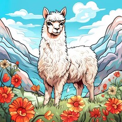 Children's multicolored illustration of a llama