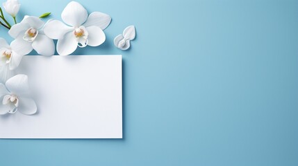 A serene blue invitation card in sharp focus against a pristine white surface, the high-resolution photograph highlighting its elegant design and calming color.