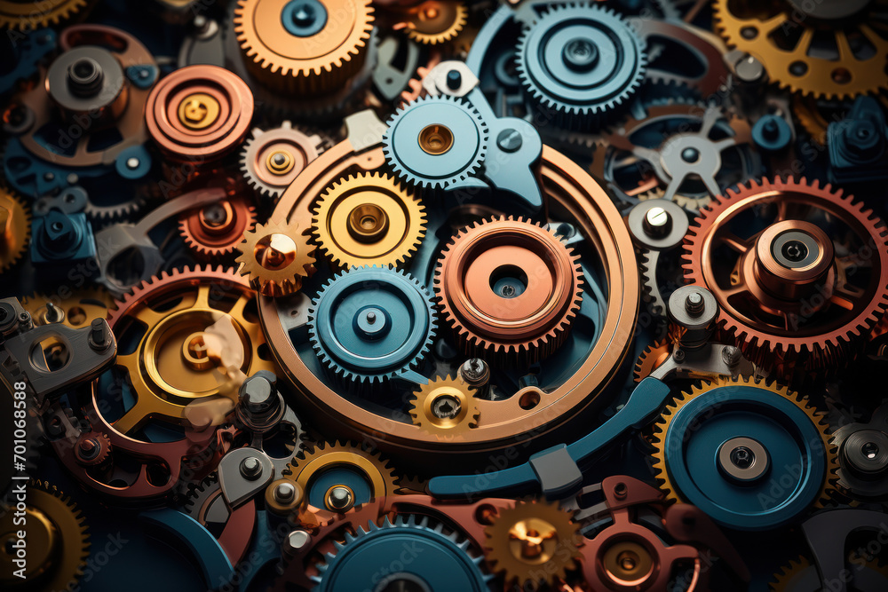 Poster a series of interconnected gears in disarray, representing the breakdown of the mind's intricate mac