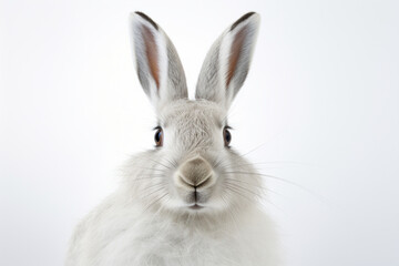 Mountain Hare close-up portrait on a white background.