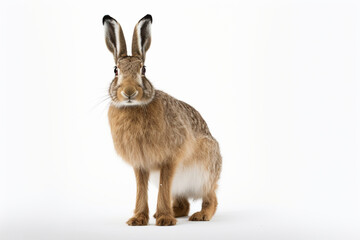 Obraz premium Mountain Hare sitting up on a white background. Animal front portrait.