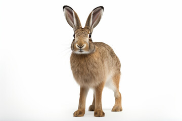 Mountain Hare standing on a white background. Animal front portrait.