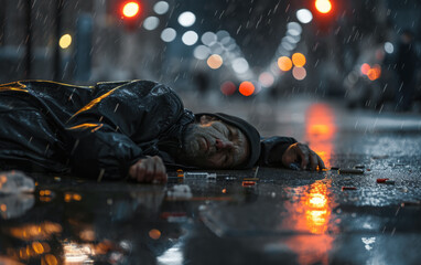 A drug addict lies with a syringe on the street in the rain. Overdose Awareness Day - obrazy, fototapety, plakaty