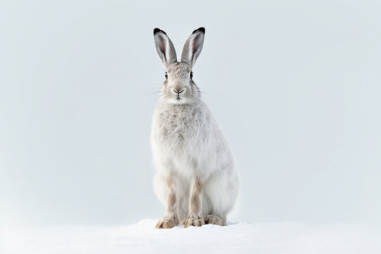 Mountain Hare sitting up in a natural outdoor environment. Animal front portrait.