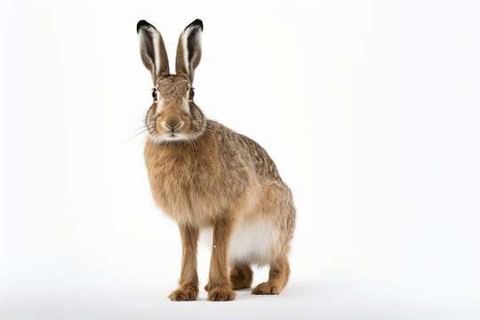 Mountain Hare sitting up on a white background. Animal front portrait.