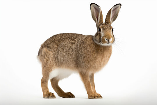 Mountain Hare standing on a white background. Animal side portrait.