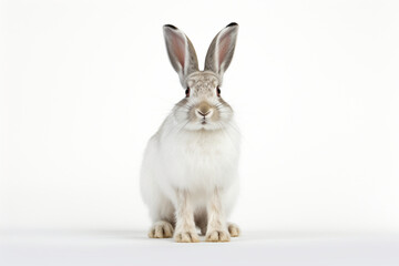 Snowshoe Hare sitting up on a white background. Animal front portrait.