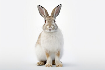 Obraz premium Snowshoe Hare sitting up on a white background. Animal front portrait.