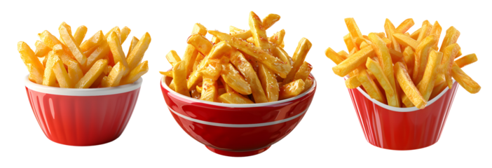 set of French fries in red packaging container