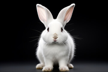 Fototapeta premium White Rabbit sitting up on a black background. Animal front portrait.