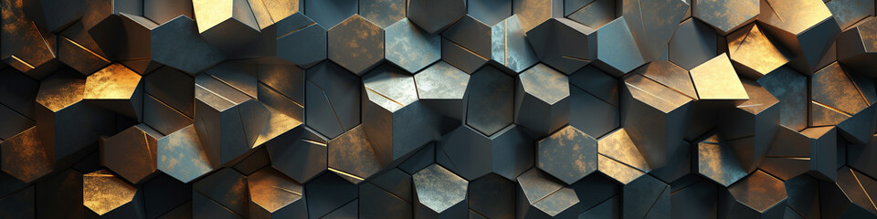Hexagonal metal panels arranged in an abstract formation, gently illuminated to reveal the intricate textures and reflective surfaces in a harmonious play of light.