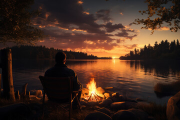 A peaceful lakeside campfire scene, with a person quietly gazing at the flames, finding solace in the crackling fire. Concept of lakeside serenity. Generative Ai.