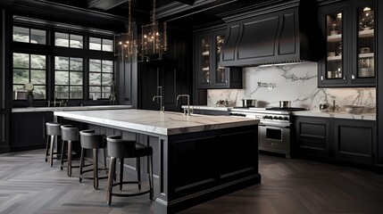 Monochromatic kitchen with matte black cabinets, marble countertops, and stainless steel appliances