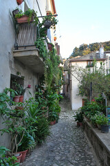 A narrow street between the old houses of Caiazzo, a medieval village in the province of Caserta, Italy.