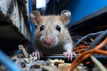 Home electrical wires chewed on by mouse. Rodent damage, infestation and pest control concept