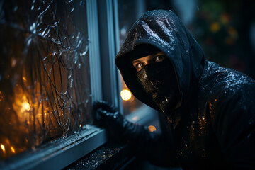 Burglar outside a house dressed in a black hoodie and facemask in front of a broken window, glass...
