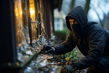 Burglar outside a house dressed in a black hoodie and facemask in front of a broken window, glass shattered around hole