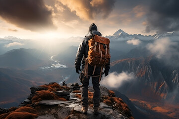 Business, Success, Leadership and Achievement Concept. Man Hiking on Top of a Rocky Mountain Peak with Sky and Clouds - obrazy, fototapety, plakaty