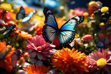 A spring butterfly garden, alive with the delicate fluttering of colorful wings as flowers bloom in abundance. Concept of butterfly haven. Generative Ai.