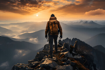 Business, Success, Leadership and Achievement Concept. Man Hiking on Top of a Rocky Mountain Peak with Sky and Clouds