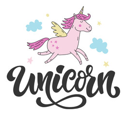 Vector cute unicorn lettering and character poster