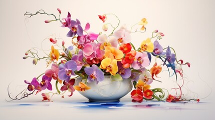 a thriving orchid in a lively, colorful vase, its exquisite blossoms radiating with elegance and...