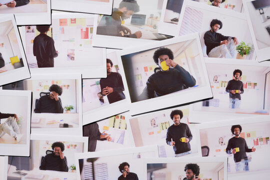 An extensive collage of Polaroid photos documenting the varied activities of a young entrepreneur, from deep focus to light-hearted moments, within a creative office space.