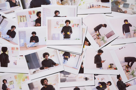 spread of Polaroid photos portraying a day in the life of a young, active professional, depicting a mix of focused work, communication, and relaxation within a vibrant and modern living space.