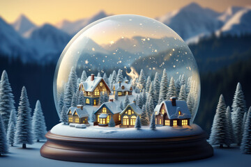 A winter snow globe scene, with a quaint village nestled among snow-covered hills, evoking a sense of holiday magic. Concept of snow globe enchantment. Generative Ai.