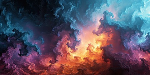 Fototapeta na wymiar Surreal cloudscape with fiery core and cool blue periphery
