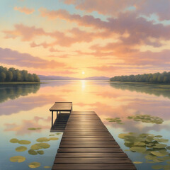 Naklejka premium painting of a dock at dusk featuring boats on the water generative ai