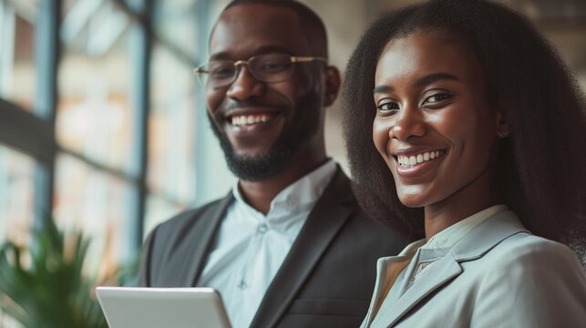 Close up successful standing smiling African American young business diverse business man and woman professionals looking to camera in the office