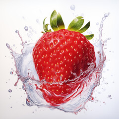 Water splash with strawberries isolated on white background. Waterdrops, mid motion. Copy space, banner. Watercolour style. Healthy vegetarian lifestyle, vitamin organic food concept, berries