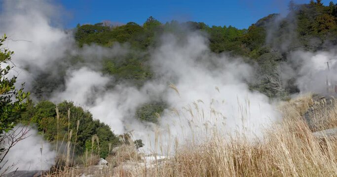 谷から温泉の煙が吹きあがる風景。