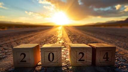 Number 2024 written on wooden blocks on desert road with stunning sunrise
