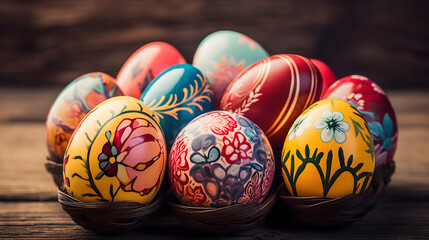 Fototapeta na wymiar colourful eclectic easter eggs in a basket