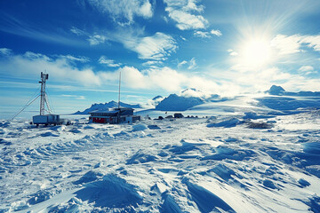 A modern research station situated on the snowy landscape of Antarctica, with scientists actively engaged in research activities, surrounded by advanced scientific equipment and satellite dishes.