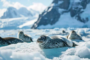  A group of Weddell seals lounging on drifting ice floes, with a backdrop of towering glaciers and distant mountains, highlighting the diverse marine life of Antarctica. © HADAPI